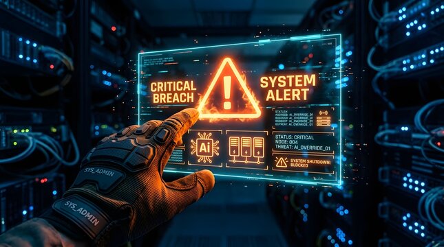 A critical system warning is prominently displayed on a holographic screen within a high tech futuristic server room setting