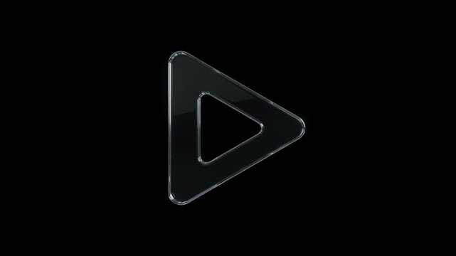 Premium glass PLAY icon intro assembly and fade-out on black background.