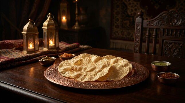 Traditional Indian papadum served on an ornate copper plate with lanterns.