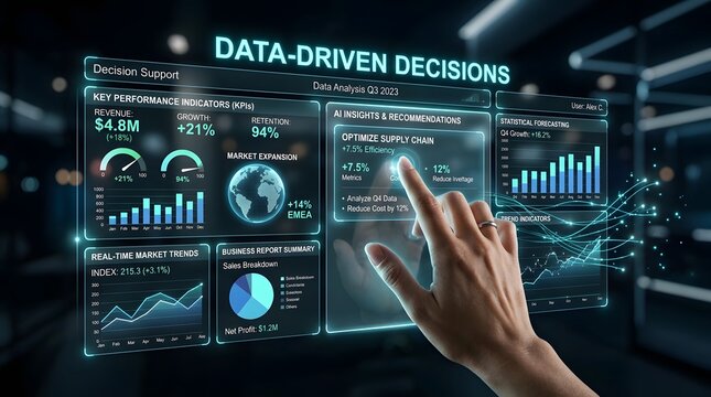 A business professional interacting with a futuristic digital dashboard displaying data driven decisions and complex financial analytics for strategy