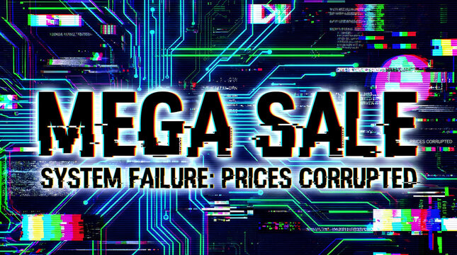Mega Sale System Failure Glitch Art with Corrupted Prices and Circuit Board Background