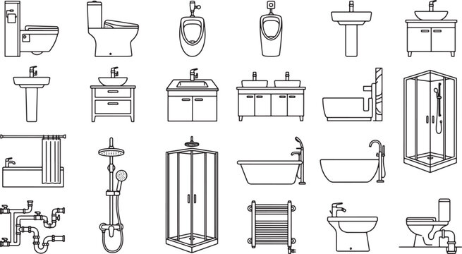 Set of bathroom plumbing fixtures and sanitary ware icons in a clean black and white line art style