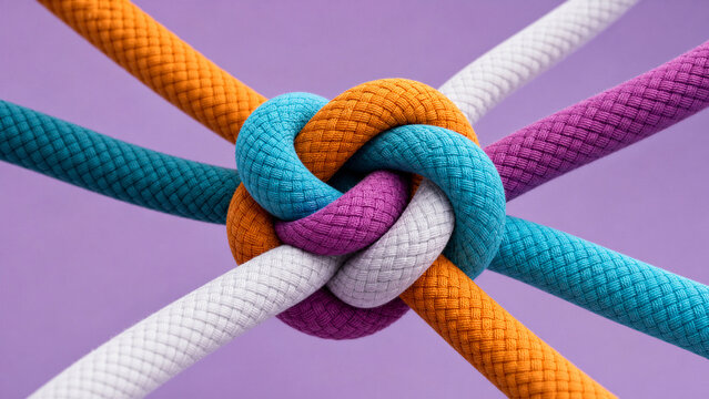 Four colorful ropes tied together in a central knot