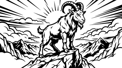 Fototapeta premium Mountain goat standing on a peak with sun rays