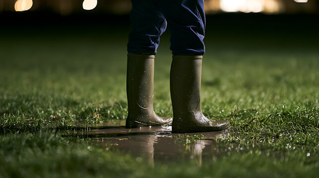 Person wear rubber boot stand muddy puddle on wet grass field at night dark atmosphere scene nature environment landscape photography