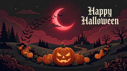 Fototapeta premium Spooky halloween night scene with jack o lanterns and a glowing crescent moon