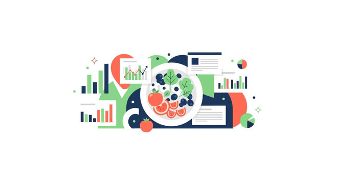 Flat Vector Illustration of Nutrition Data Analytics and Healthy Diet Tracking Software Concept