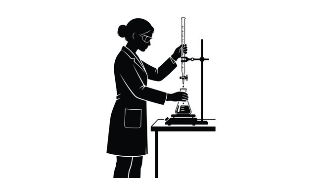 Black silhouette of a female chemist performing a lab titration process isolated on white background