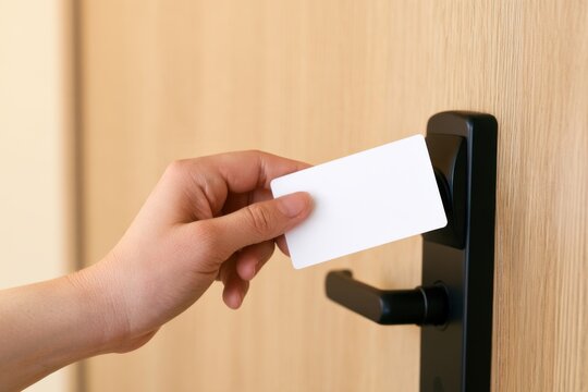 Light-skinned person using a blank white key card to unlock a modern hotel room door, close-up of hand near black electronic lock and warm oak door