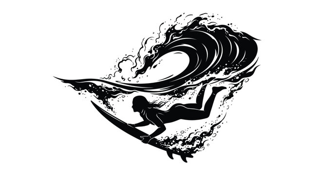 Surfer girl silhouette diving under a large wave illustration isolated on white background
