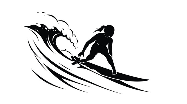 Black silhouette of a female surfer riding a wave vector graphic isolated on white background