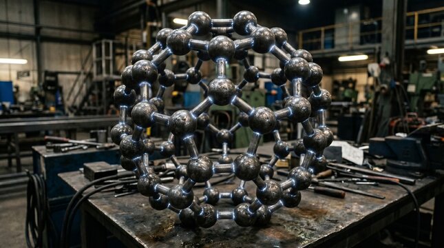 Metal buckminsterfullerene carbon molecule sculpture in a professional industrial workshop.