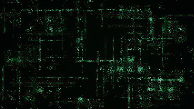 Green emerald pixel data map abstract dot matrix grid technology background with glowing cells
