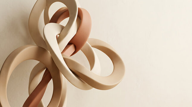 Abstract sculptural form with curved ribbons in soft beige and brown tones for modern artistic design