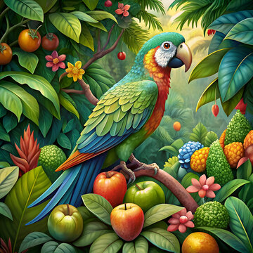 Colorful parrot perched amidst lush tropical foliage and fruit. Vivid parrot with vibrant plumage perches on a branch laden with exotic fruits and flowers in a jungle setting.