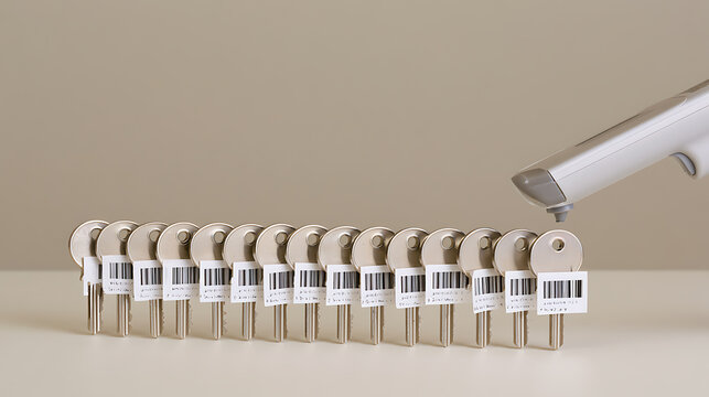 A close up view of a barcode scanner device reading price tags attached to a neat row of metallic door keys in an office environment