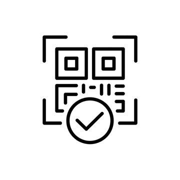 Black line icon of a qr code with a check mark symbol