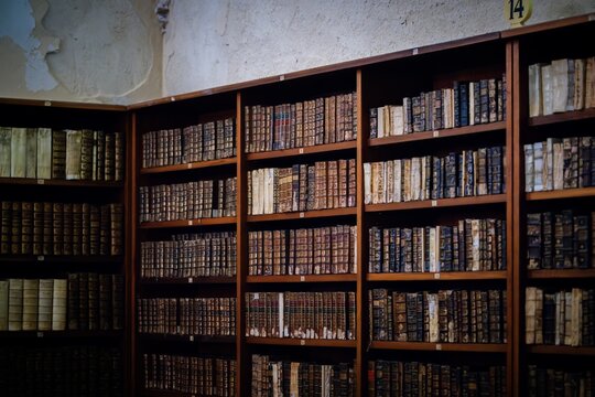 Coimbra, Portugal - 27 August 2026: View of the historic bookshelves filled with antique volumes at the Biblioteca Joanina in Coimbra, Portugal.