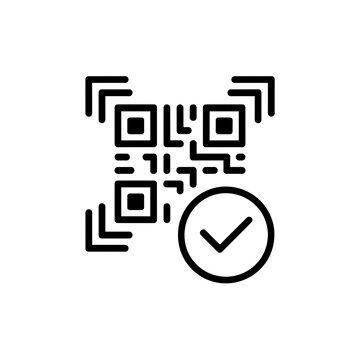 Black qr code icon with a check mark symbol