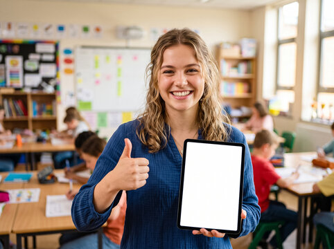 smiling young female teacher shows approving thumb up and modern tablet with white blank screen mockup on background of school classroom with pupils sitting at their desks
