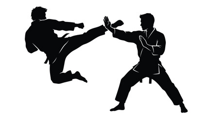 Fototapeta premium Black Silhouette Illustration of Two Martial Arts Fighters Sparring isolated on white background