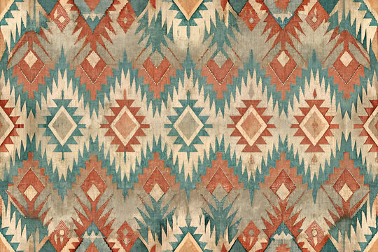 Geometric. Southwestern-inspired pattern in muted tones of terracotta. teal. and beige.
