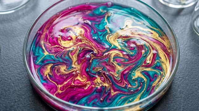 Colorful liquids mixing in a petri dish for scientific research or artistic fluid experiment
