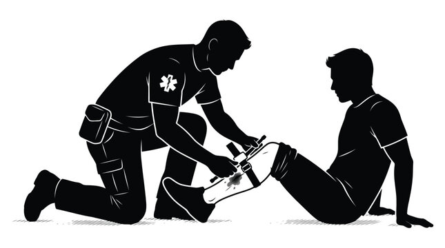 Paramedic applying a medical tourniquet to a leg injury silhouette isolated on white background