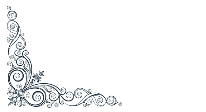 Vintage ornate corner border ornament with elegant scrolls and floral elements isolated on a white background.