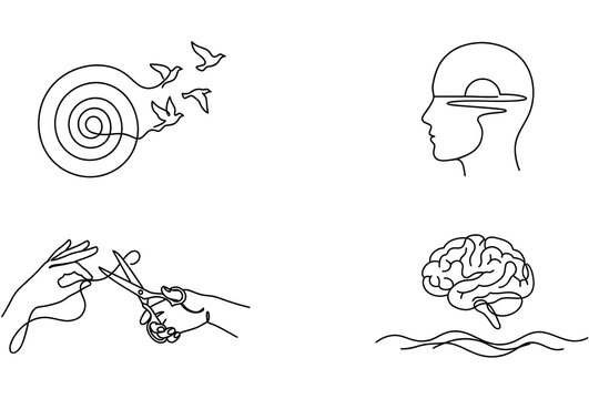 Set of continuous line art overcoming rumination and thought loop vector icons