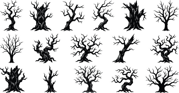 black and white illustration of bare trees for halloween