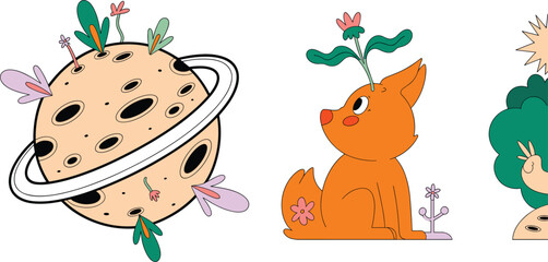 Whimsical flat cartoon vector illustration collection featuring a ringed planet with plants and a cute orange fox character with flowerWhimsical  © Ahamed Al Joni
