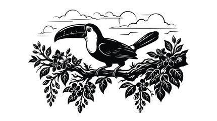Obraz premium Black and white toucan bird sitting on branch with foliage illustration isolated on white background