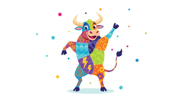 Joyful dancing bull decorated with colorful patchwork patterns and paisley motifs celebrating on a light background.