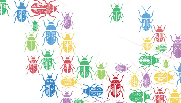 Software bug concept featuring colorful insects designed with circuit board traces crawling on a white background.