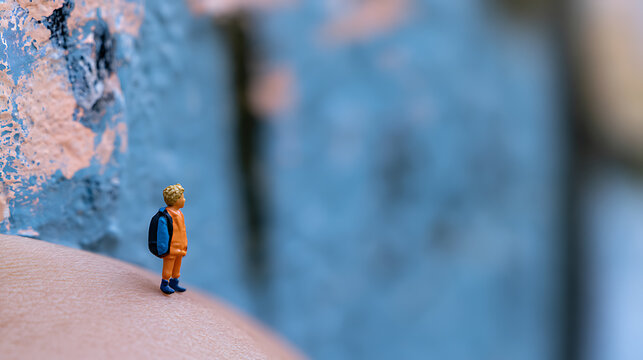 Tiny miniature figure of a person stand alone on a textured surface with soft blur background for conceptual photography and art project