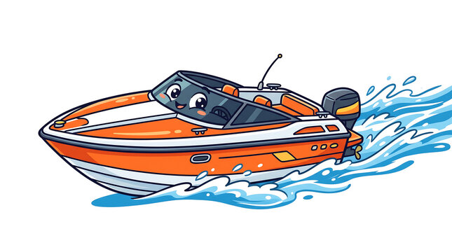 Cartoon orange speed boat with a happy face moving fast on water