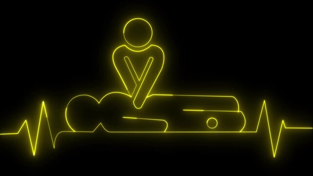 neon heartbeat icon animation. CPR chest compressions showing medical resuscitation technique for training, safety, heartbeat pulse, on medical lifesaving care,motion graph