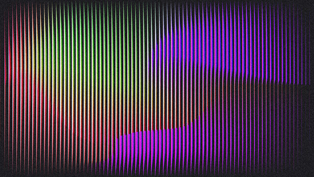 Neon illuminated vertical lines on black background with rainbow soundwave effect.