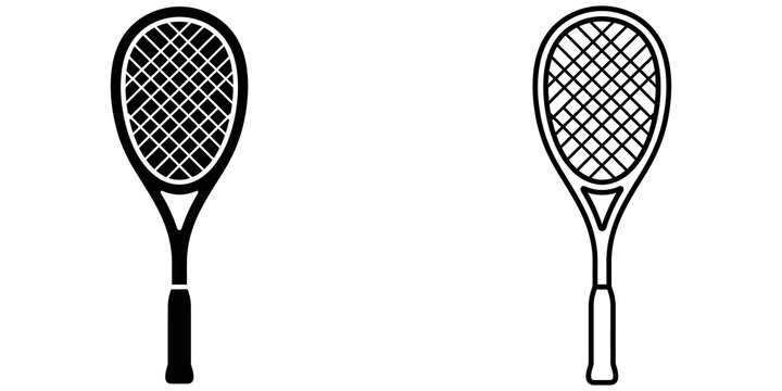 Tennis racket vector icons in black and outline on transparent background.