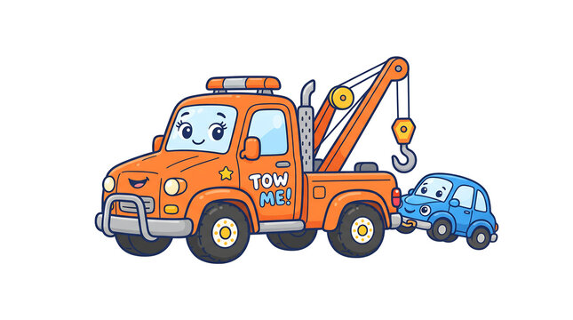 Cute cartoon orange tow truck towing a small blue car