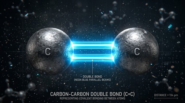 Carbon-carbon double bond molecular structure with glowing blue energy connection.