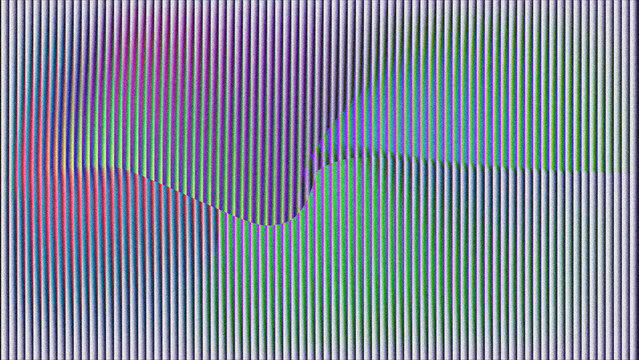 Abstract wave illusion background with vibrant neon stripes and analog screen interference effect.