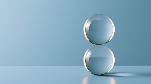 Two clear glass spheres stacked in precarious balance on a clean minimalist blue surface creating a serene abstract composition concept