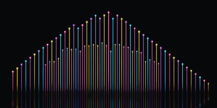 Colorful neon light frequency equalizer bars forming a bell curve on black background with equalizer frequency waveform spectrum vibration technology visualization gaussian distribution