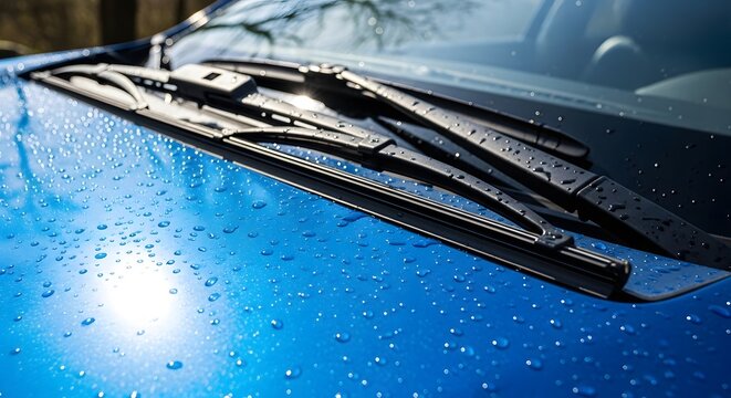 Blue car hood and wipers covered with shiny raindrops