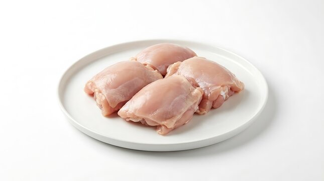 Raw chicken thighs on a simple round white plate. boneless chicken thigh