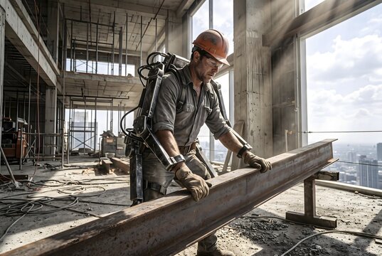 Industrial worker wearing powered exoskeleton bionic suit lifting heavy steel beam on modern construction site in skyscraper, ergonomic augmentation, advanced wearable robotics enhancing physical stamina and preventing occupational musculoskeletal injury, cybernetic technology fusing human dexterity with mechanical power inside an uncompleted highrise building, concrete columns and floor debris bathed in dramatic volumetric sunlight streaming through panoramic windows, skilled laborer with protective orange safety helmet and work gloves focusing on manual structural assembly, high tech biomechanical frame reducing spinal strain and joint pressure during heavy duty material handling, urban skyline visible in background symbolizing architectural growth and metropolitan development, convergence of manual craftsmanship and Industry 50 automation as a metaphor for future workplace health standards, digital innovation transforming heavy civil engineering and infrastructure logistics, KI-generiert, A construction worker uses an exoskeleton to maneuver a steel beam in a high-rise under construction, AI-generated, AI generated