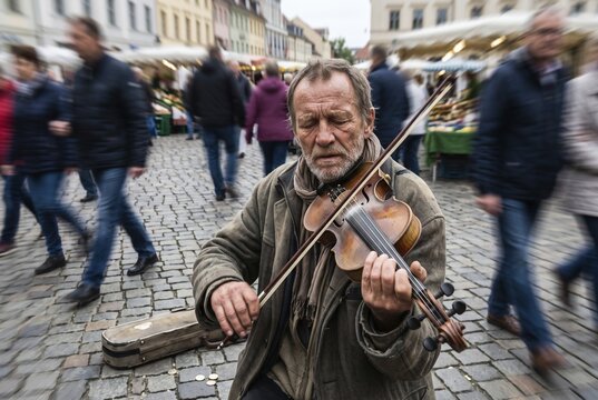 Street musician playing violin on cobblestone market square, elderly violinist performing classical tunes amidst moving crowd of urban pedestrians, passionate musical busker kneeling on historical pavement with open instrument case collecting small change donations, radial motion blur symbolizing the fleeting pace of consumer society in contrast to timeless acoustic art, cultural precarity of independent artists navigating public space, authentic devotion to string instrument performance during bustling weekly market hours, sensory contemplation amidst fast urban dynamics, emotional immersion into sound waves, solitary performer creating harmonic resonance in commercialized town center, acoustic street performance as an emotional sanctuary against daily stress, socioeconomic struggle of bohemian lifestyle, artisanal craftsmanship of vintage wooden fiddle, vibrant metropolitan atmosphere, outdoor, KI-generated, A street musician plays violins as people pass by in a marketplace, AI-generated, AI generated