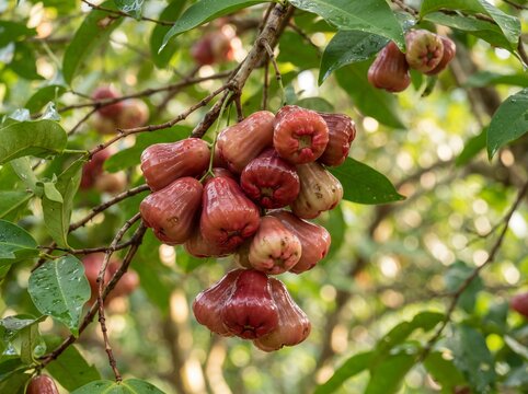 Fresh red water apple cluster on tree branch, ripe wax apple fruits in tropical garden, organic rose apple harvest